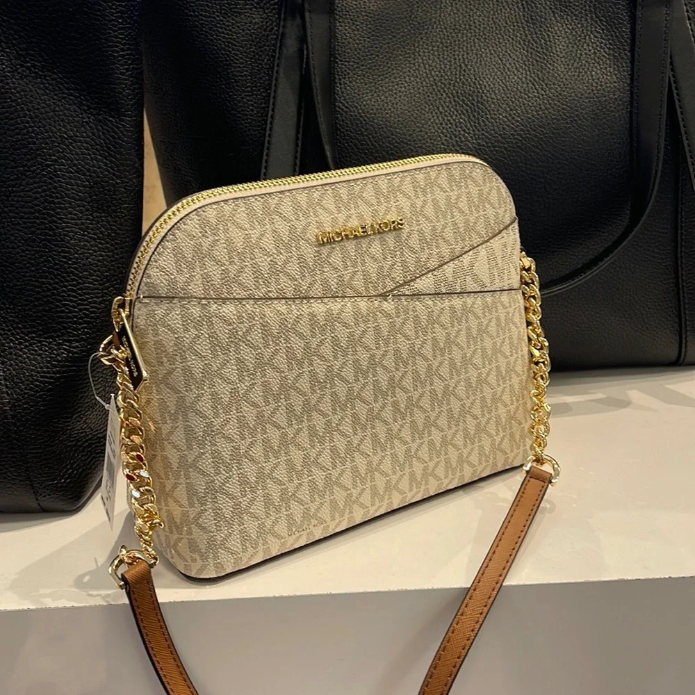 MICHAEL KORS Jet Set Medium Logo Dome Satchel Crossbody  Vanilla  NWT